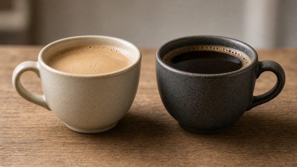 Duas xícaras de café lado a lado preparadas com torras diferentes, mostrando variação na coloração da bebida final.